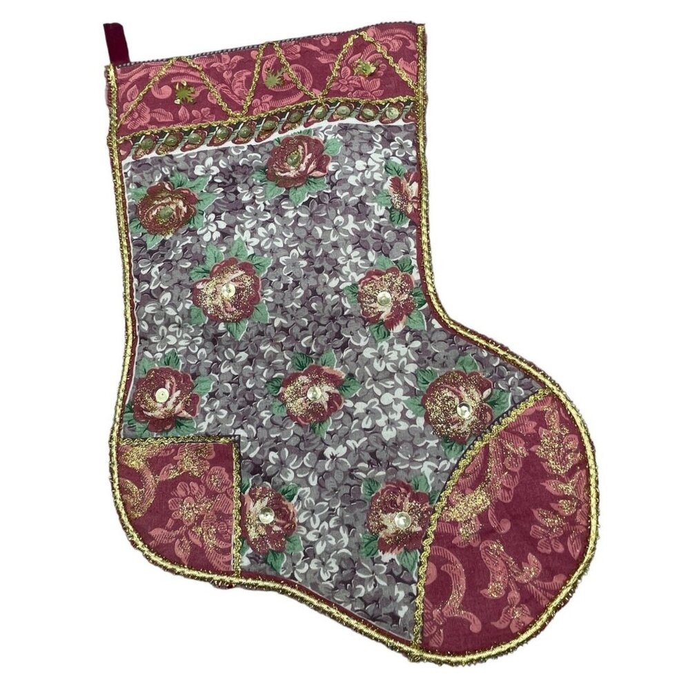 Christmas stocking handmade floral pink purple gold trim embellished sequin READ